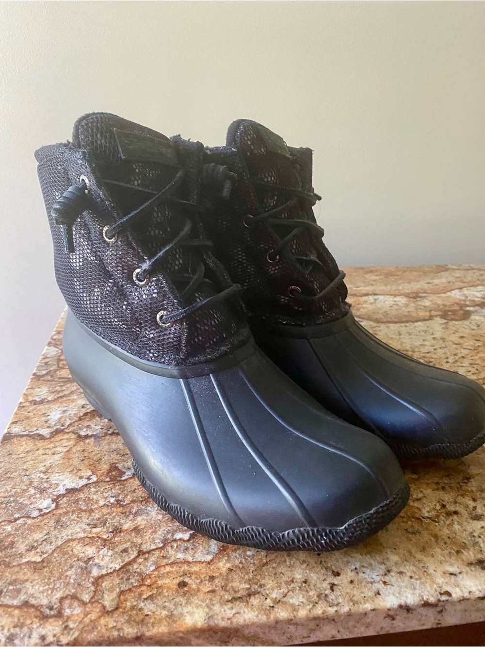 Women’s Sperry Black Waterproof Duck Boots with dressy flair